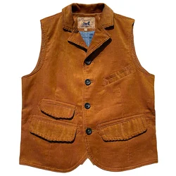 Corduroy Lapel Men's Vest Multi-pockets Slim Fit Classic Vintage Waistline Designer Clothes Trendy Menswear