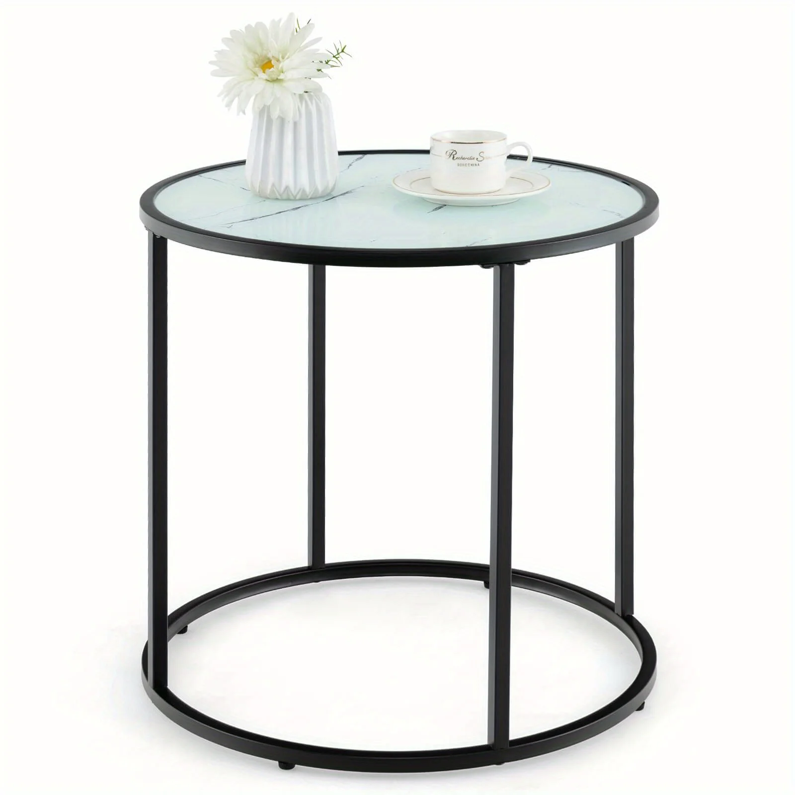 

Glass End Table 20"Round Side Table with Metal Frame & Faux Marble Glass Top, 1pc