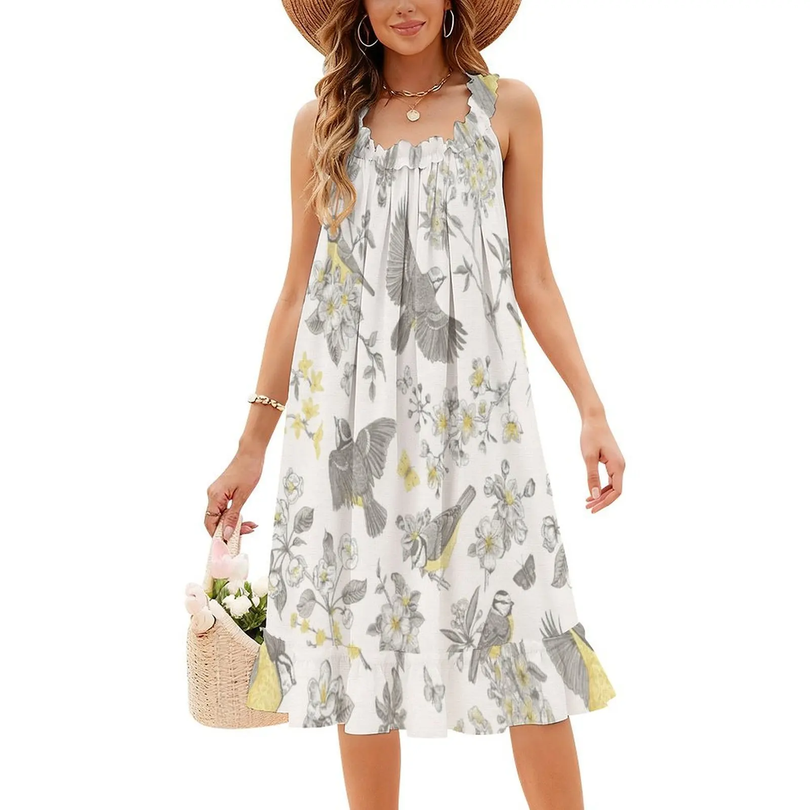 فستان حفلات أنيق للنساء من طيور تويلي باللون الأصفر والرمادي الفرنسي مع خيارات قصيرة/طويلة/بدون أكمام