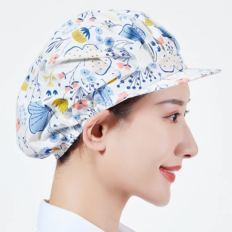 

Fashion Printed Dust-proof Working Hat Women Elastic Cooking Hats Adjustable Home Cleaning Hat Catering Cap With Brim Wholesale