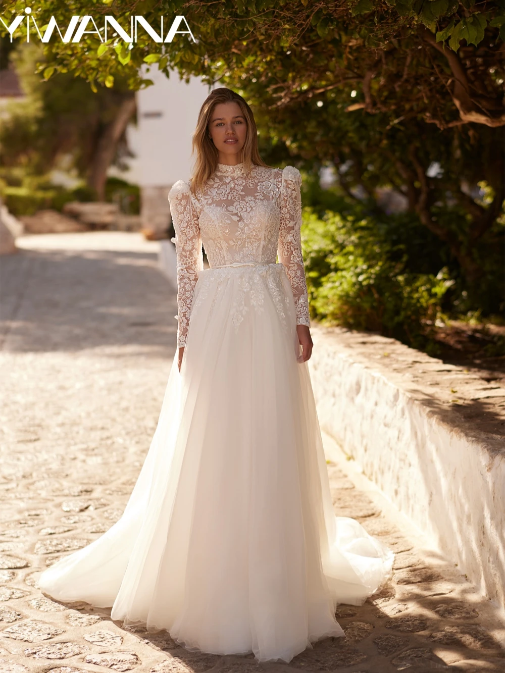 

2026 New Beaded Appliques A-line Wedding Dress Modest High Collar Long Sleeve Bridal Gown Customized Dreamy Dresses For Bride