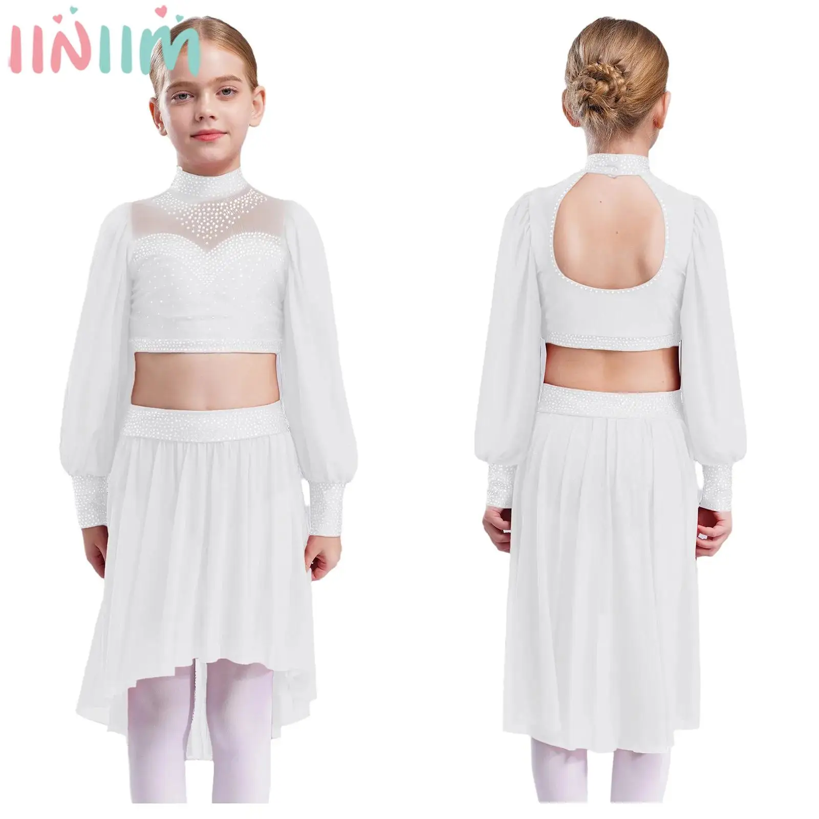 Teen Girls Modern Lyrical Dance Skating Costume Sheer Mesh Shiny Rhinestone Long Sleeve Crop Top with Leotard Skirt Dancewear