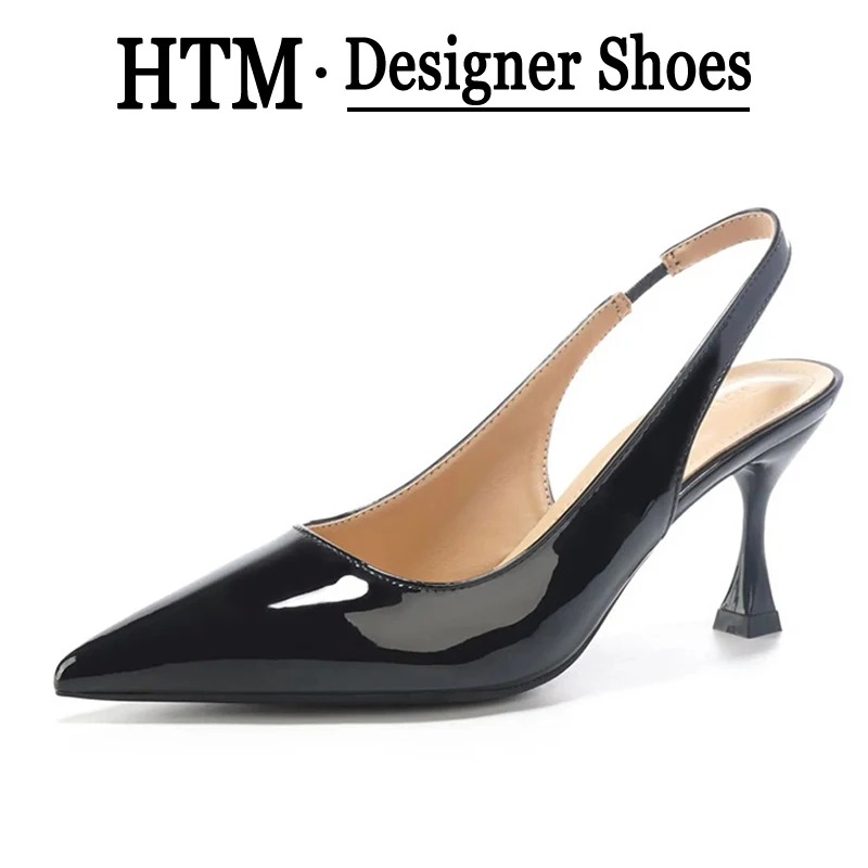 

7CM Women Heels Patent Leather Stilettos Sandals Thin High Heel Pumps Pointed Toe Banquet Prom Slingbacks Party Shoes Zapatos