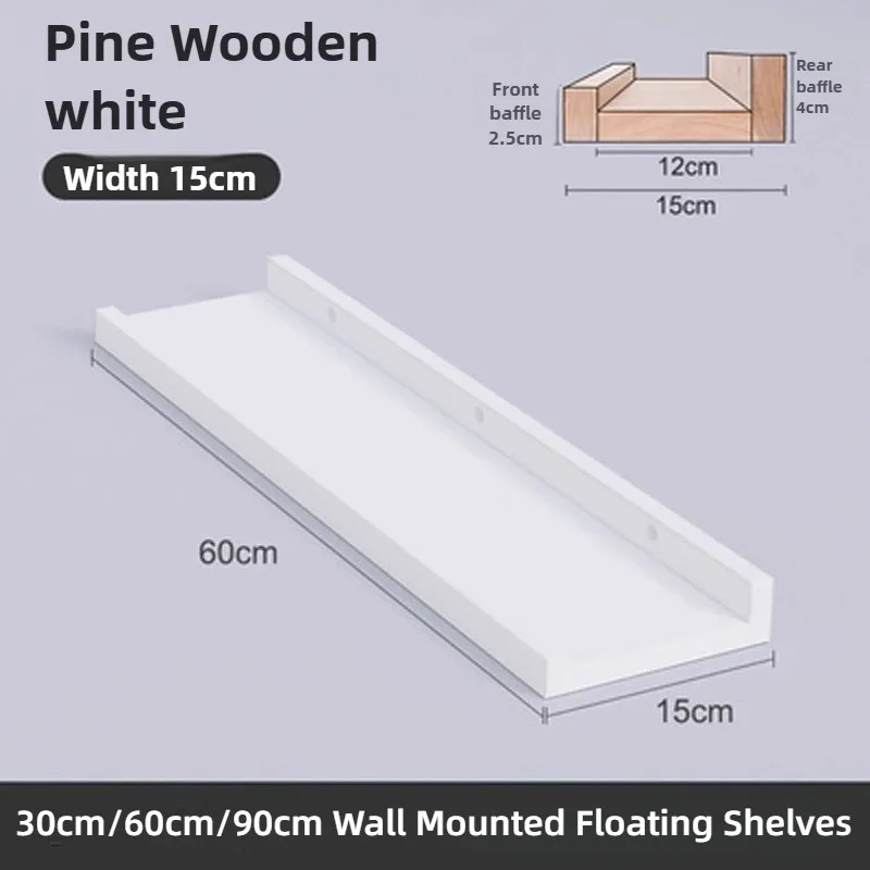 White Wood Wall Floating Shelf, Nordic Floating Shelf for Bathroom Kitchen, 30cm 60cm 90cm Length Wooden Mounted Storage Board
