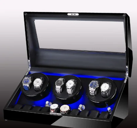 Customizable LED Light Wood Piano Finish Watch Shaker 6+10 Slot Automatic Watch Winder Watch Box