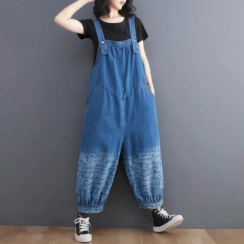 Denim Jumpsuits for Women Striped Printed Korean Style Harajuku Overalls One Piece Outfit Women Rompers Casual Vintage Playsuits