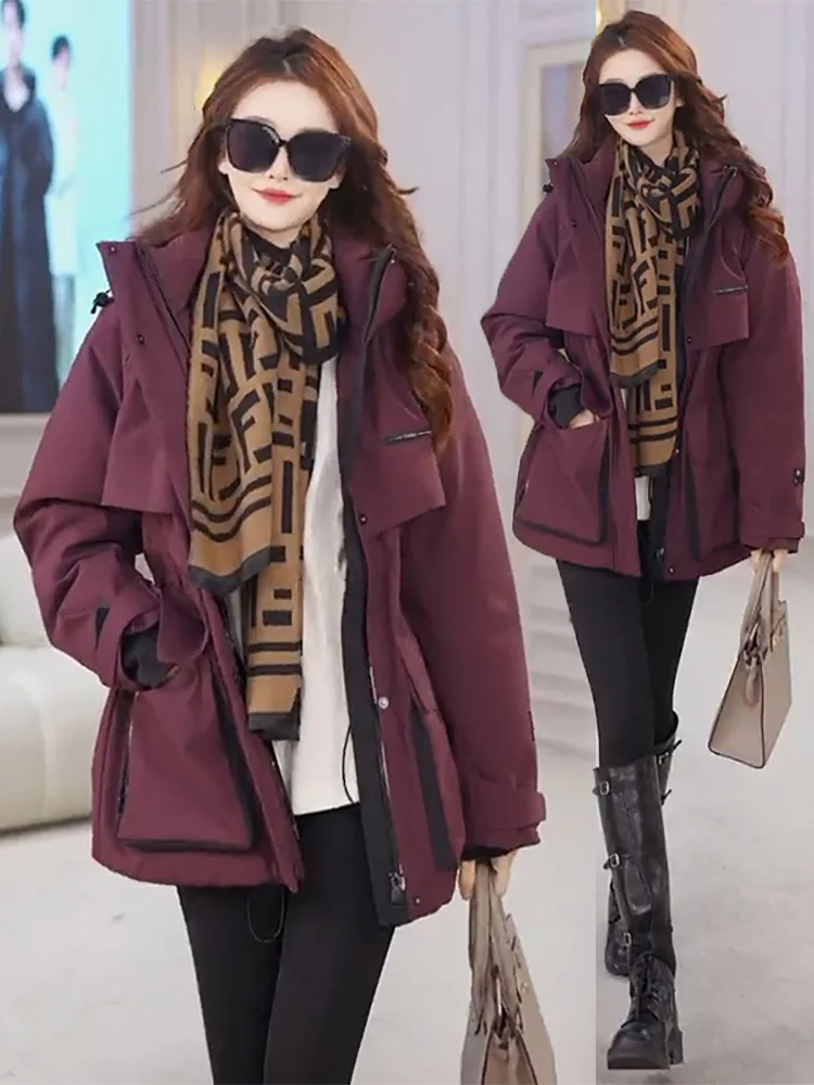 

Женская зимняя утепленная куртка с капюшоном, на талии с завязками, теплая, модная, для работы, из смесовой ткани хлопок-полиэстер, на молнии