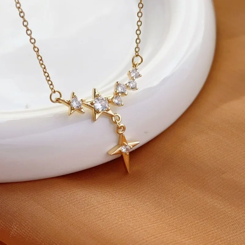 Romantic Shiny Gold Color Stainless Steel Micro-inlaid Zircon The Big Dipper Pendant Necklace for Woman Korean Designer Jewelry