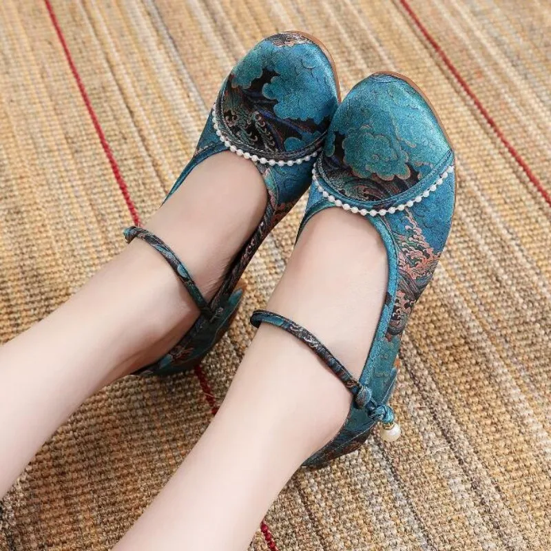 Ladies Embroidered Mid Heel Dress Shoe Ankle Button Strap Mary Jane Pumps for Women Summer Autumn Round Toe Fabric Shoes