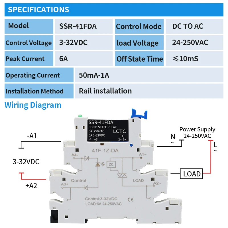 LCTC 1 قطعة SSR تتابع الحالة الصلبة DIN السكك الحديدية سليم وحدة التتابع SSR-41FDD SSR-41FDA تيار مستمر إلى التيار المتناوب تيار مستمر إلى تيار مستمر 6A مرحل عدم الاتصال مع LED