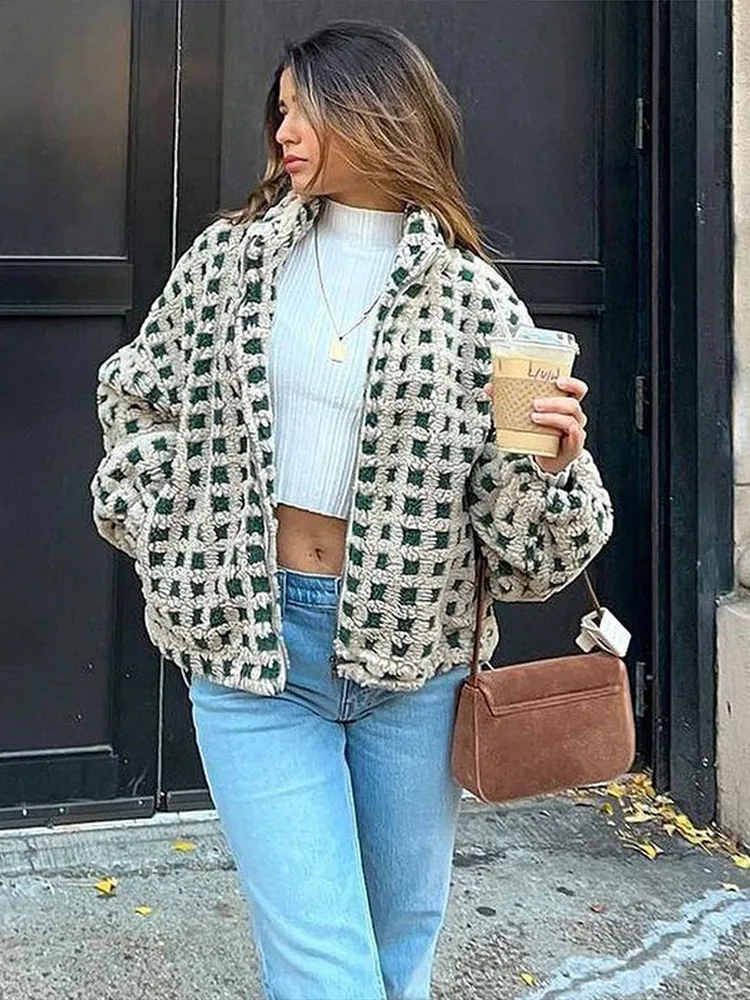 

Casual Street Women's New Warm Jackets Chic Retro Waffle Zipper Jacket Woman Color Blocked Plaid Long Sleeves Lapel Loose Coats