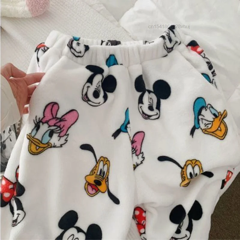 Disney Mickey Mouse New Style Flannel Pajamas Pants White Women Soft Plush Trousers Y2k Clothes Kawaii Female Casual Home Pants