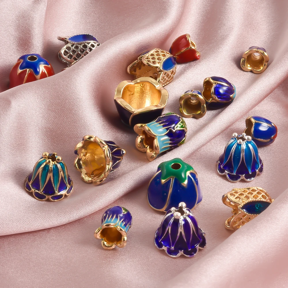 6pcs Enamel End Caps Charms Zinc Alloy Metal Bead Caps Cloisonne Bead Caps Copper Plated Flower Beads For Jewelry Findings