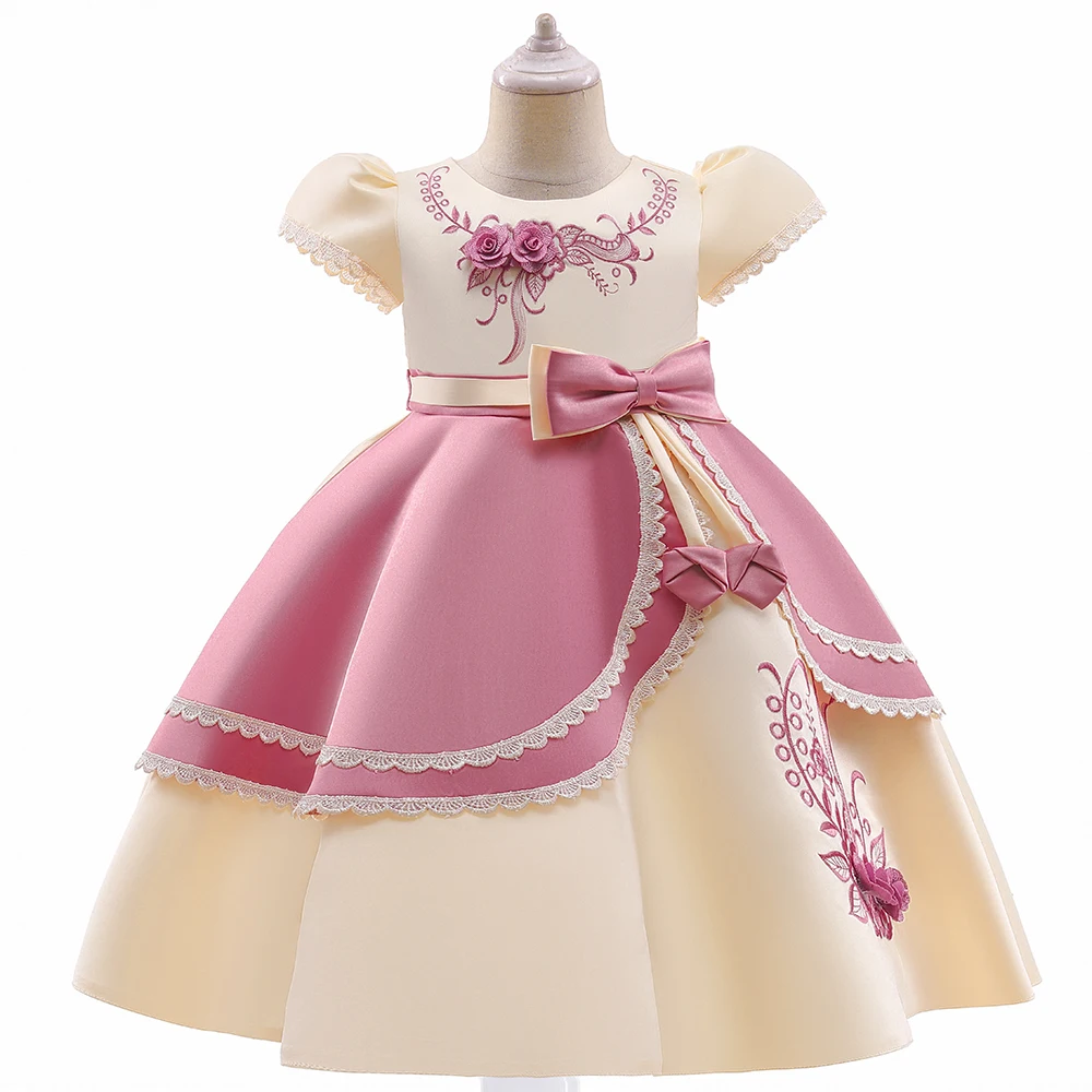 Embroidery Flower Bow Princess Party Dress For Girl Children Costume Puff Sleeve Kids Clothes Birthday Wedding Gown Prom Vestido