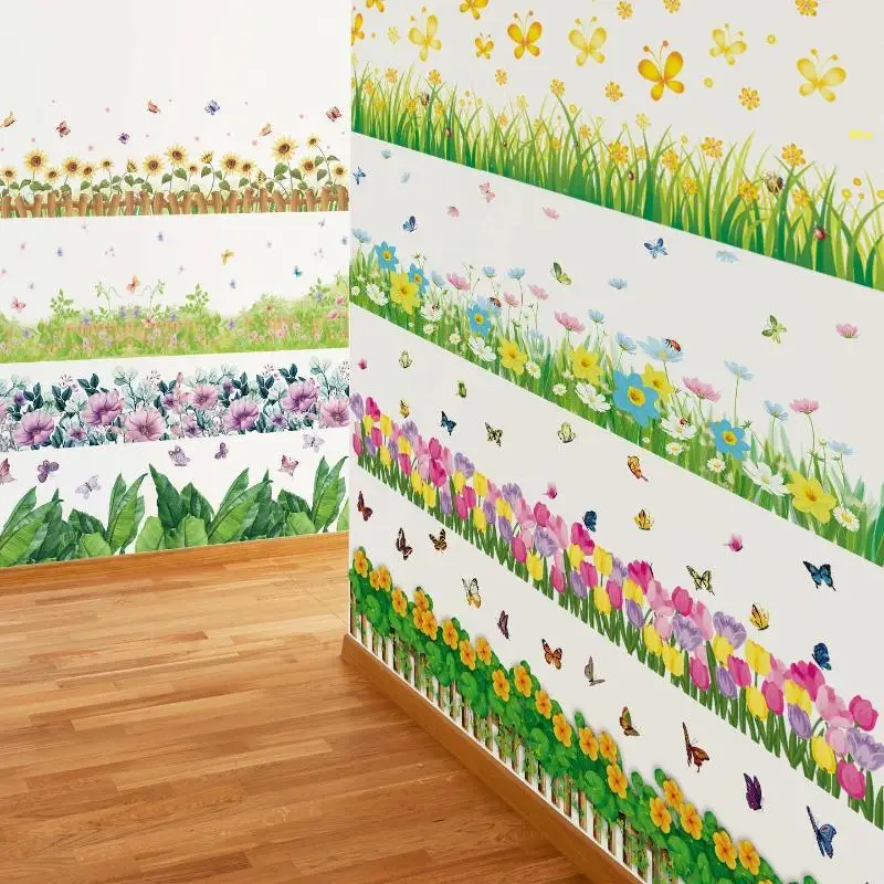 Pastoral Flowers Grass Fence With Butterfly Wall Stickers Pvc Decals Mural Art For Office Shop Bedroom Baseboard Home Decoration