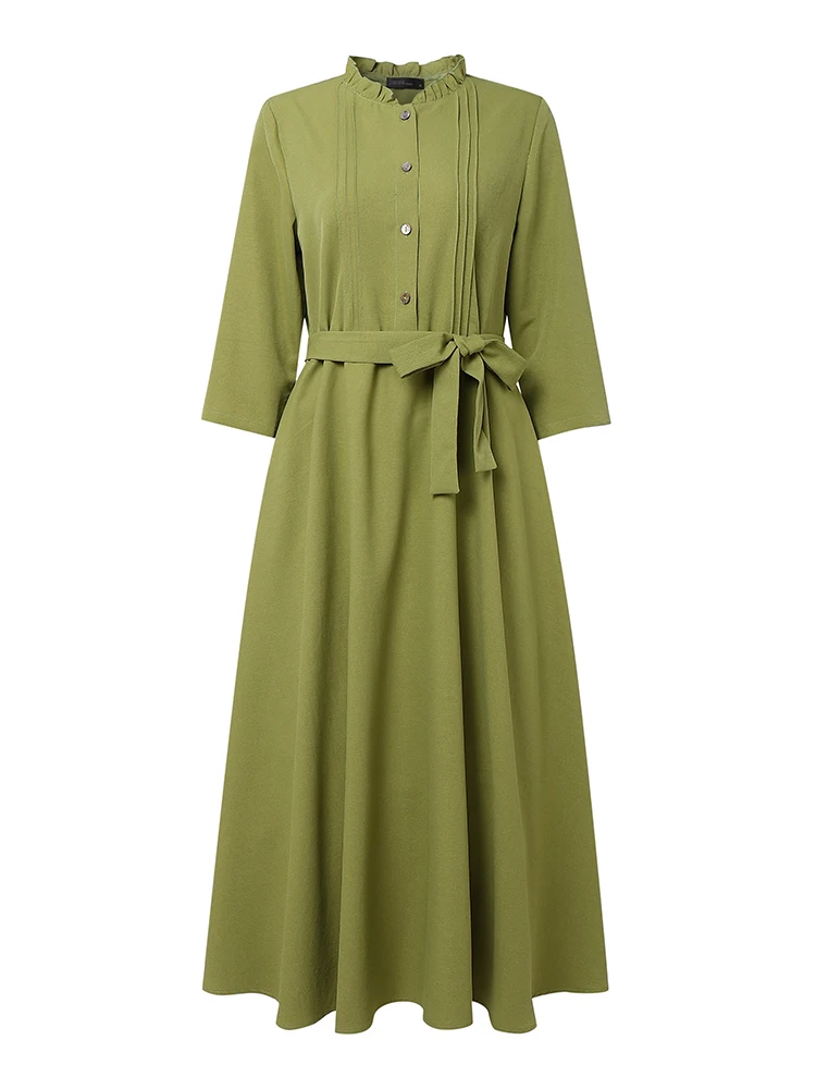ZANZEA Stylish Women Dresses 2025 Autumn Solid Dress Casual 3/4 Sleeve Buttons Up Vestido Elegant Office Work Midi Sundress Robe