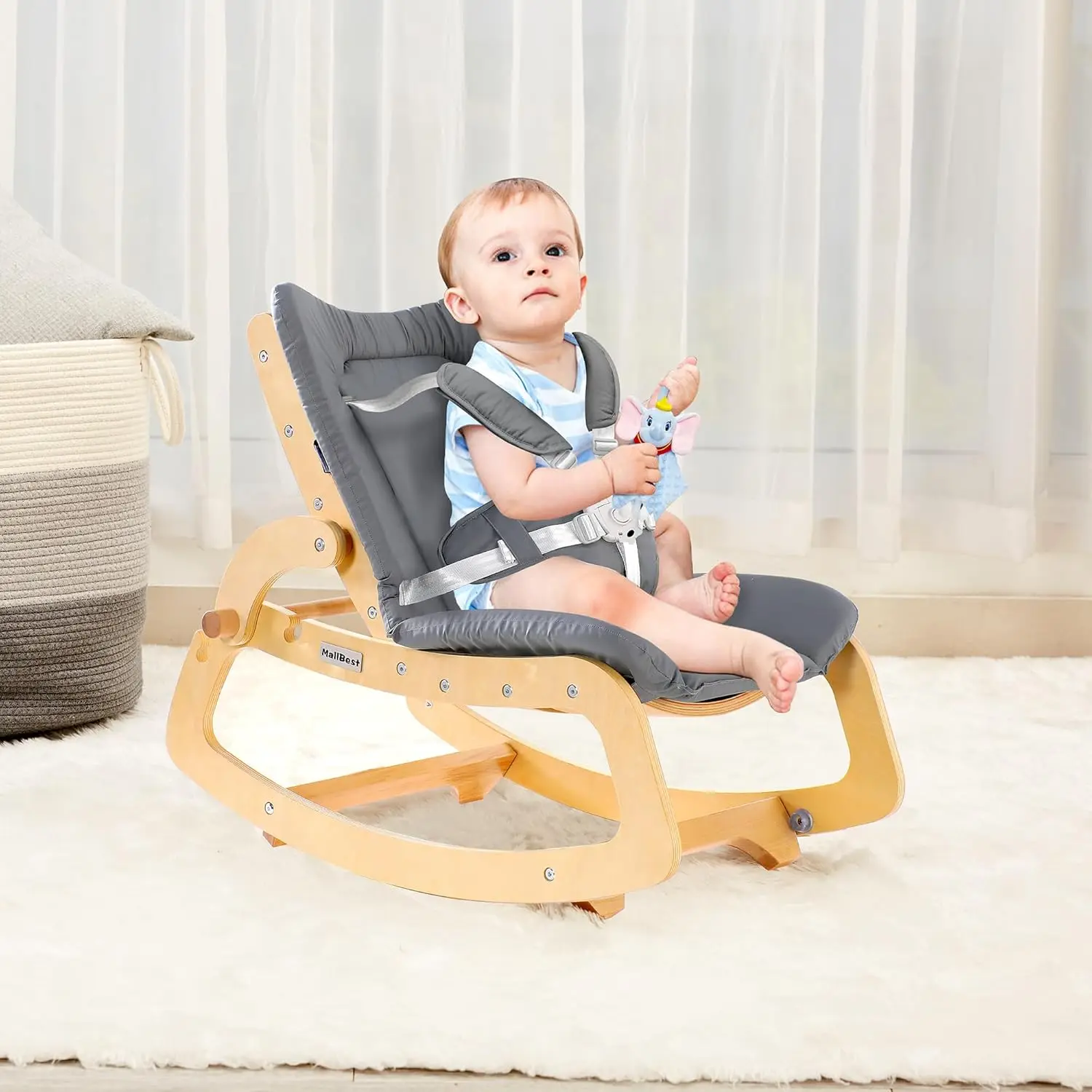 in-1 Baby Bouncer Adjustable Wooden Rocker Chair Recliner with Removable Cushion and Seat Belt for Infant to Toddler