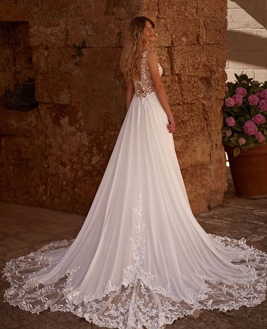 Boho Beach Abito da sposa Una linea per le donne Chiffon con scollo a V senza maniche Tulle Applicazioni di pizzo Vendite calde 2025 Abito da sposa personalizzato