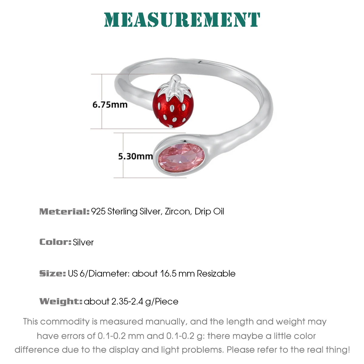 F.I.N.S Original S925 Sterling Silver Strawberry Ring for Women Red Oval Zirconia Open Adjustable Index Mid Finger Jewelry