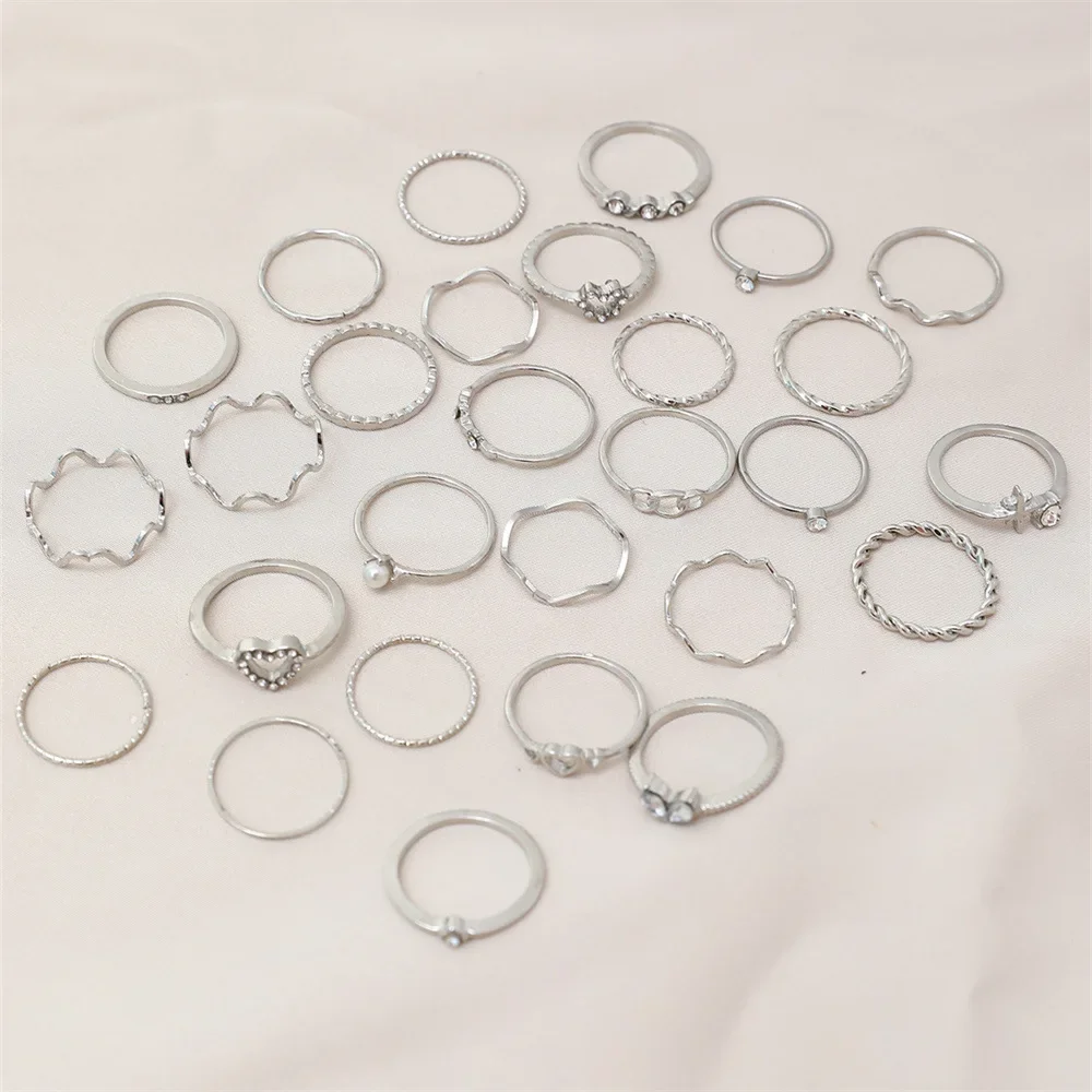 28Pcs Fashion Geometric Knuckle Rings Set For Women Crystal Heart Gold Silver Color Rings Girls  Party Jewelry Accessories