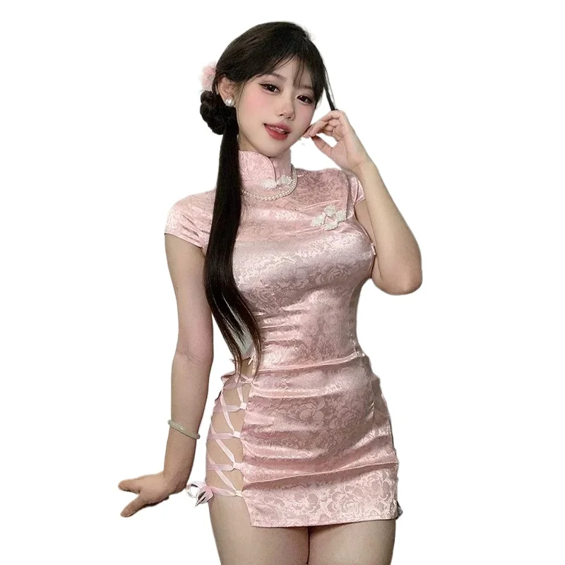 Chinese Cheongsam Dress Mini Sexy Lingerie High Split Sides Drawstring Tight Fitting Wrap Buttocks Uniform Sexy Short Club Dress