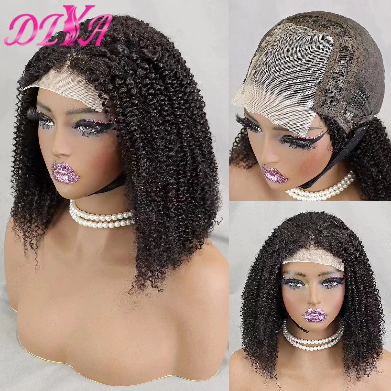 

300% Density Afro Kinky Curly Bob Wigs for Black Women 4x4 Lace Closure Brazilian Remy Hair PrePlucked 12 14 16 Inches Bob Wig