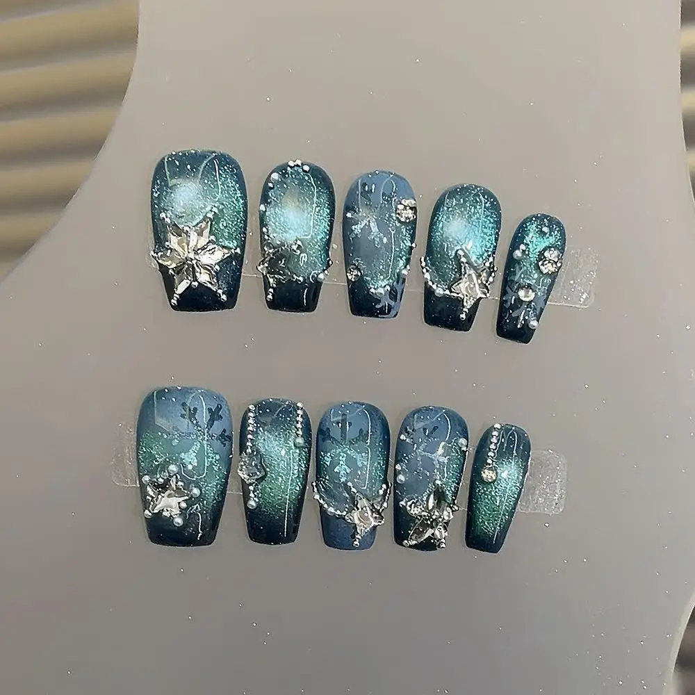 

10 шт., накладные ногти ручной работы, ледяной синий океан, звезда, лед, прозрачная текстура, накладные ногти для женщин и девочек, короткие овальные носимые ногти