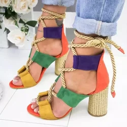 2024 New Trend Summer Chunky Shoes Fashion Women High Heels Sandals Designer Weave Ankle Lace Slides Sexy Open Toe Female Pumps