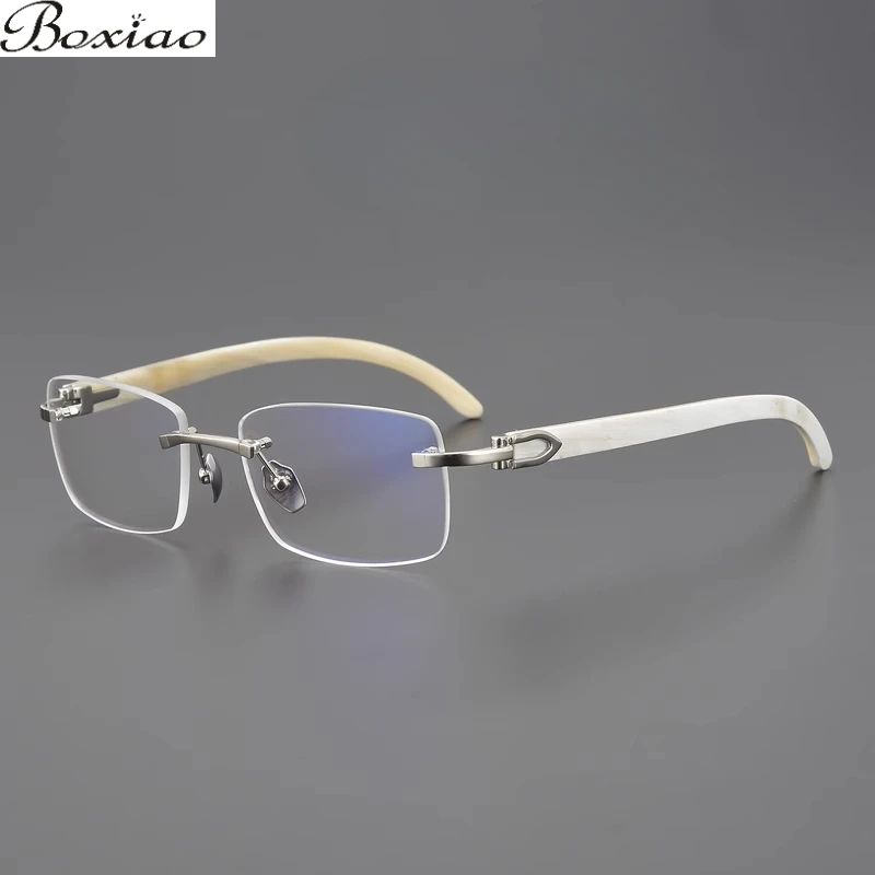 Keep Quiet! Natural Horn Catapults Make Men's Business Big-frame Myopia Rimless Square Glasses Frame Myopia Reading Glasses.