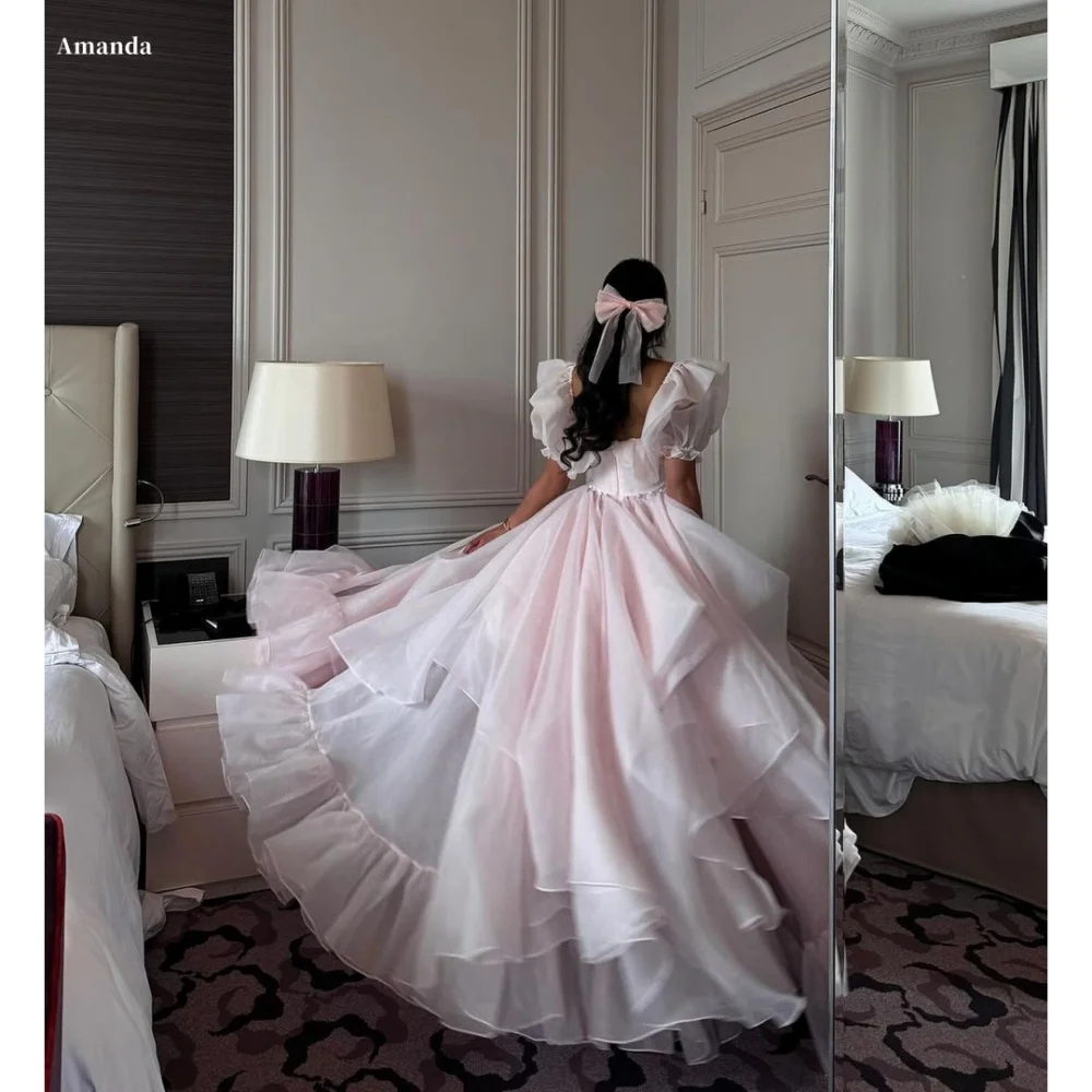

Amanda Customized Pink Puff Sleeve Side Slit Prom Dresses Square Collar Mesh Fabric vestidos de noche A-line Formal Evening 2025