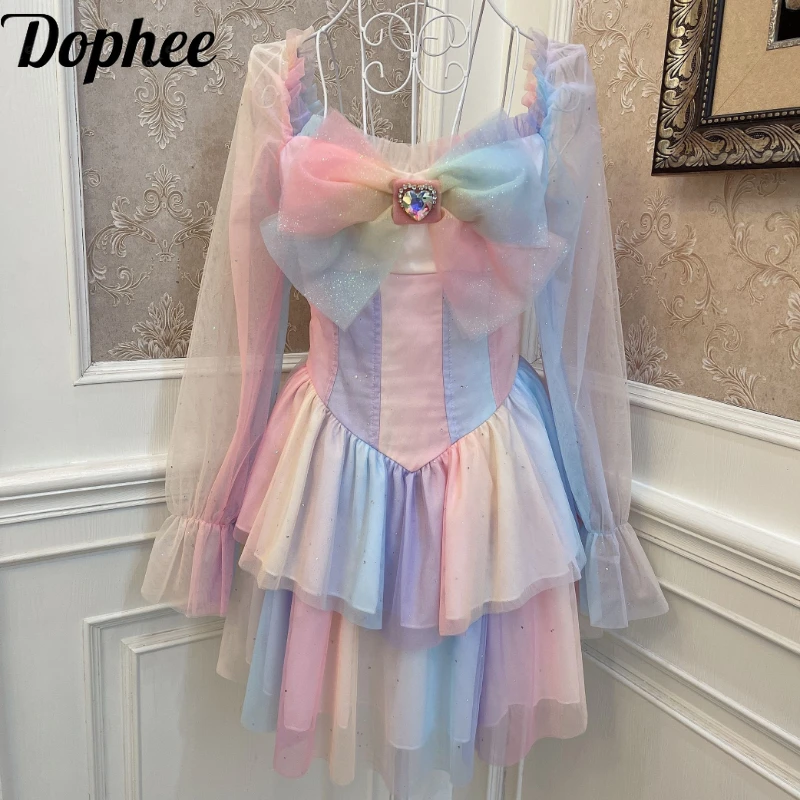 Dophee Original Beautiful Girl Love Diamond Gemstone Bow Tutu Cake Dress Shiny Gradient Rainbow Sequins Lantern Sleeve Dress