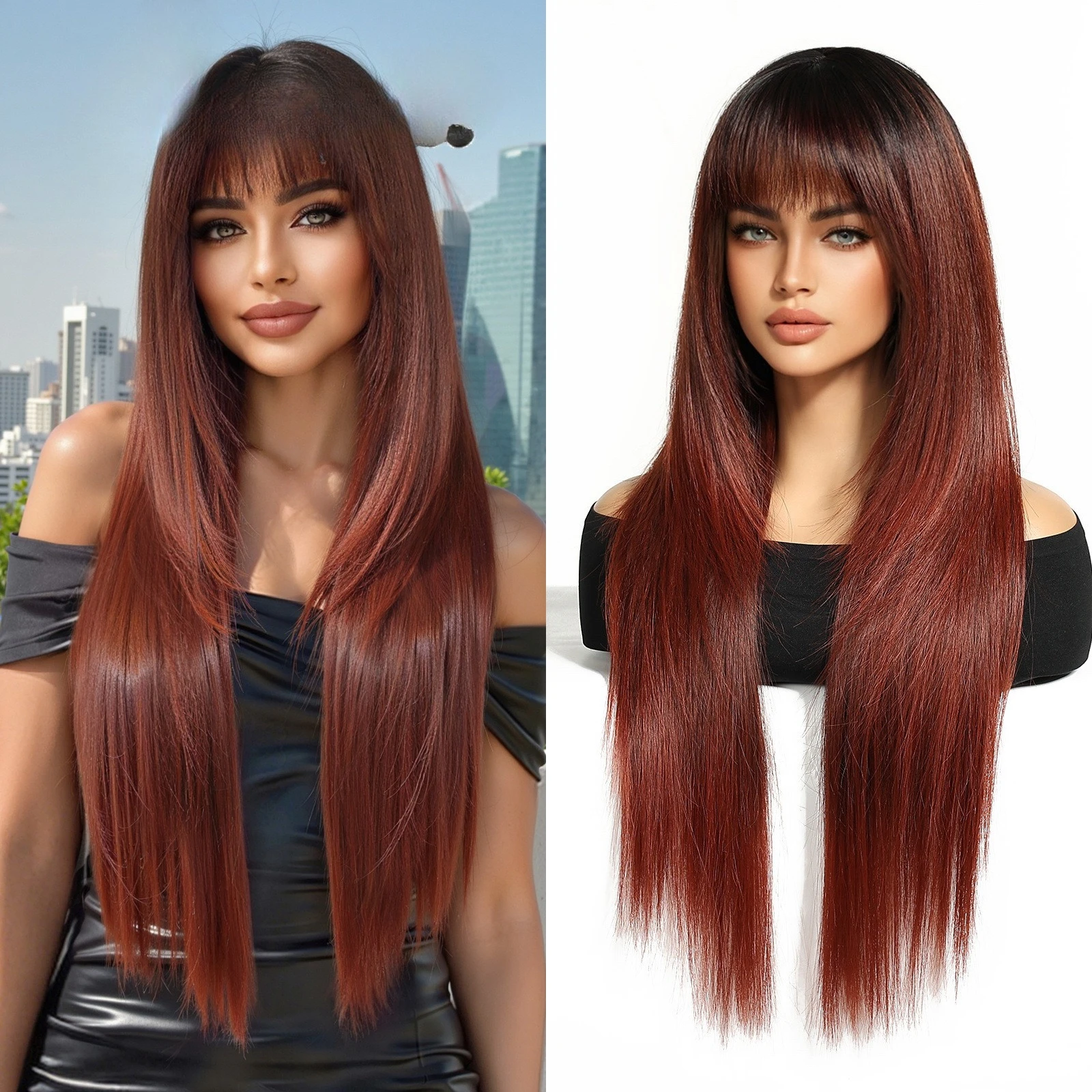 

Wig female extended black long straight high temperature silk high level no need to trim S hair seam invincible natural long str