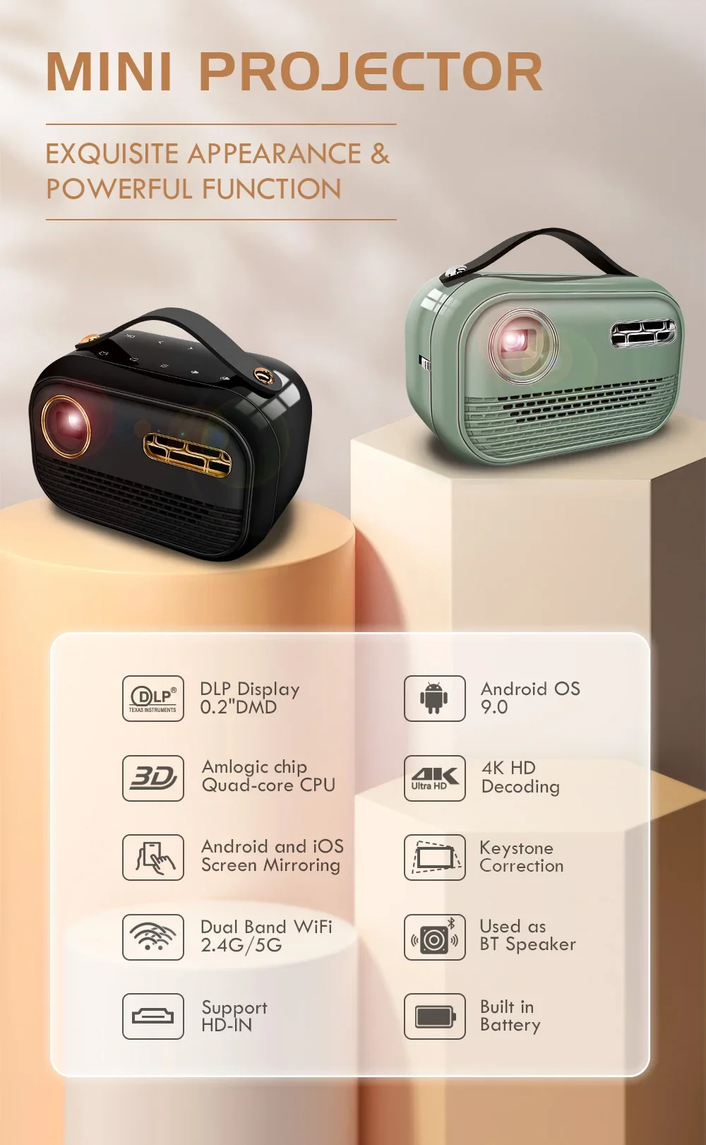 Yinzam P16 Mini Projectors, Outdoor 4K Video DLP Link 3D 200 ANSI Lus Android 9 BT5 2GB/16GB 5000mAh Battery Powered Projectors