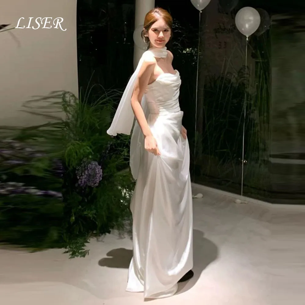 Liser بدون حمالات على شكل حرف a فساتين زفاف كورية بسيطة بسيطة من الحرير والساتان فساتين زفاف أنيقة للتصوير الفوتوغرافي تخصيص الكورسيهات