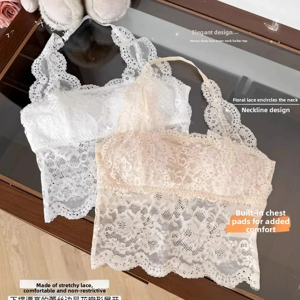 Summer New Sexy Lace Splice Neck Hanging Strap Vest Women Fixed Belt Chest Pad Bareback Top Cotton Nylon Spandex Blend