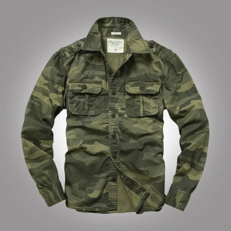 Men Camouflage Long-sleeved Shirt Ami Khaki Cotton Cargo Tooling Coats High-quality Thick Double Chest Pockets Shirt Outdoor