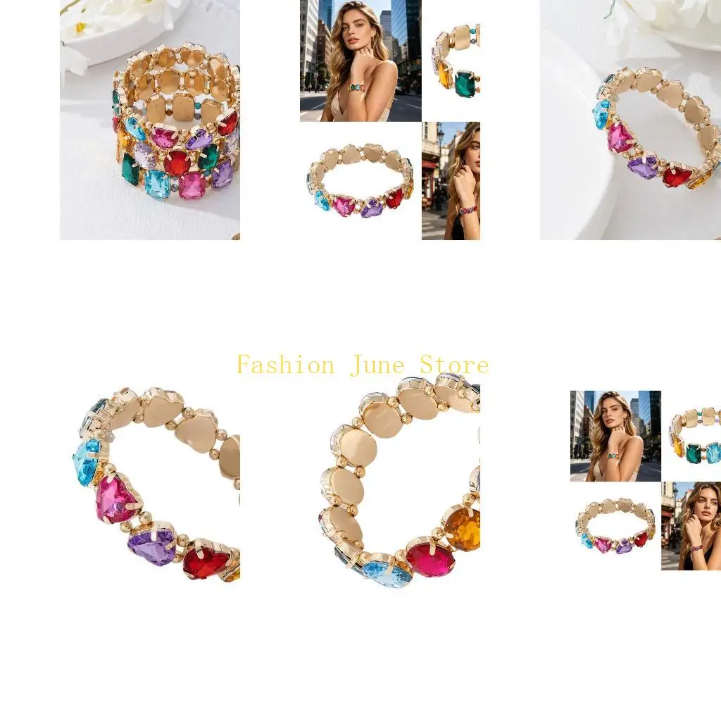 N5KA Geometric Multicolor Rhinestones Bracelet With Adjustable Closure For Women