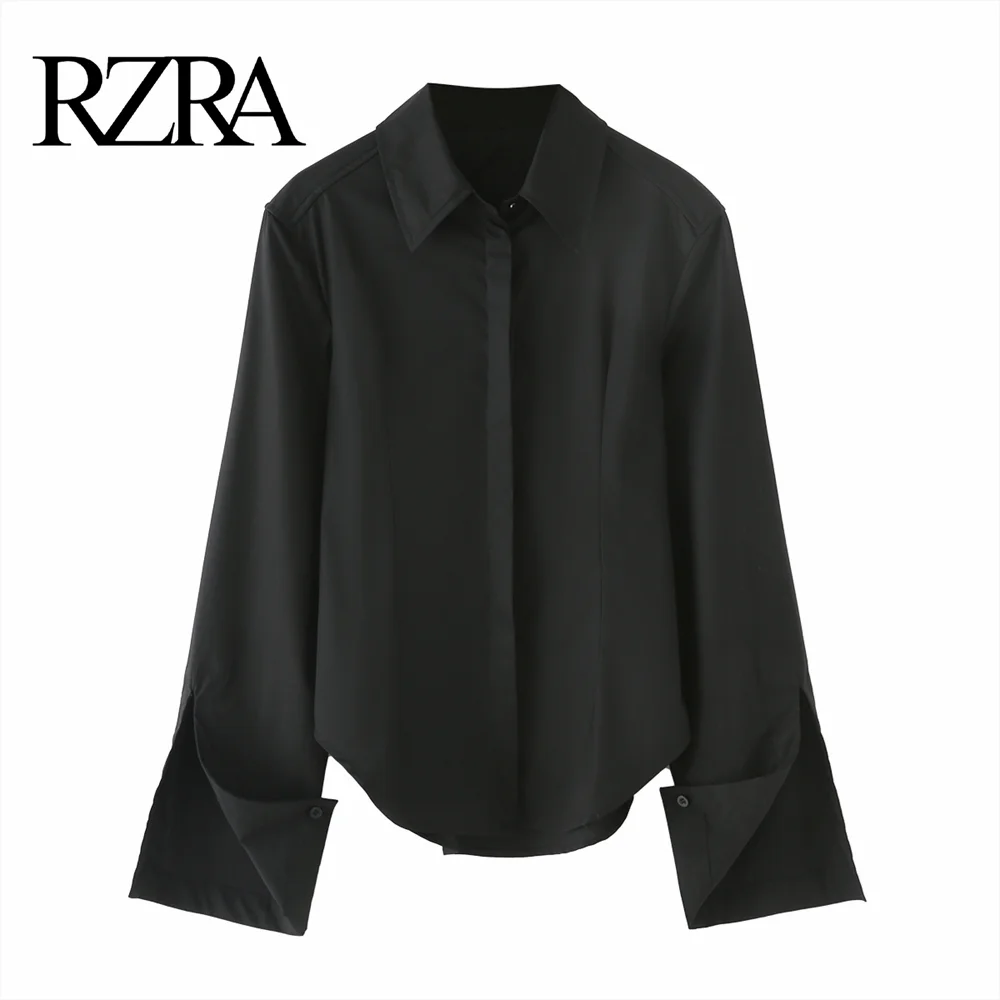 RZRA 2024 irregular hem casual simple lapel long sleeve with shoulder pad shirt winter new women's clothing