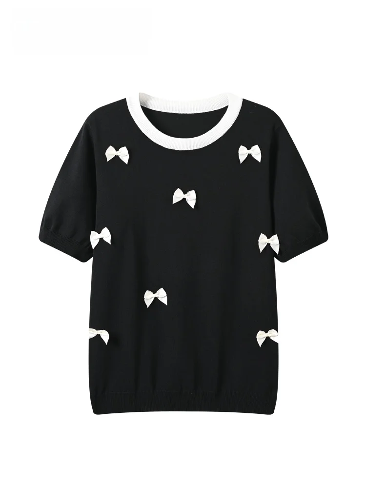 

Korean Style plus Size Women's T-Shirt Short Sleeve round Neck Knot Summer Fashionable Casual Knitted Ice Silk Top