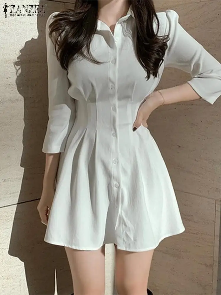 

Платье ZANZEA женское весеннее Плиссированное с длинным рукавом, модный Однотонный сарафан с воротником с лацканами, повседневное праздничное офисное