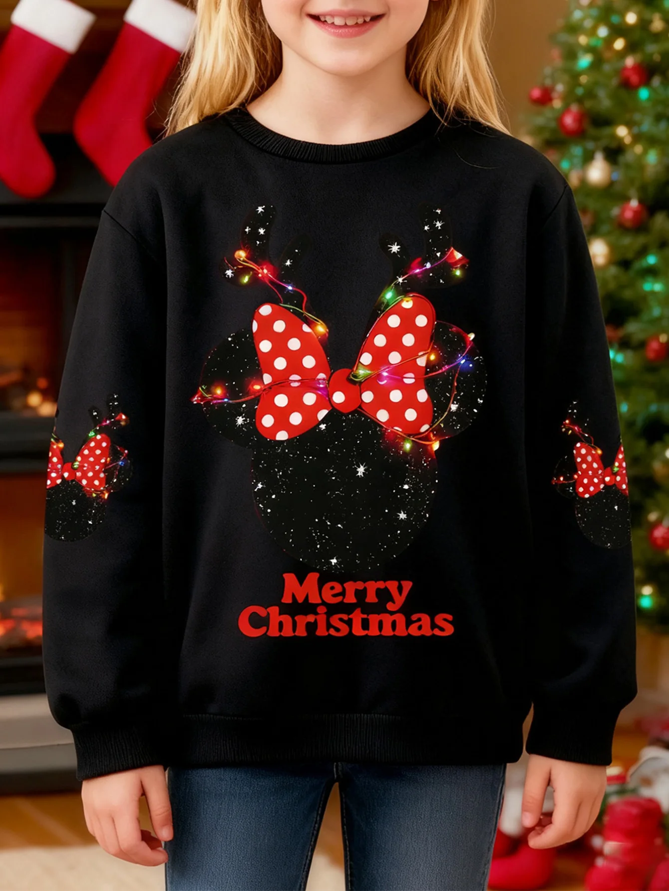 ديزني الفتيات ميني ماوس عيد الميلاد قرن الوعل القوس لهجة الوردي بلوزات مريحة فضفاضة تناسب البلوز للأطفال الشتاء عطلة وتتسابق #6