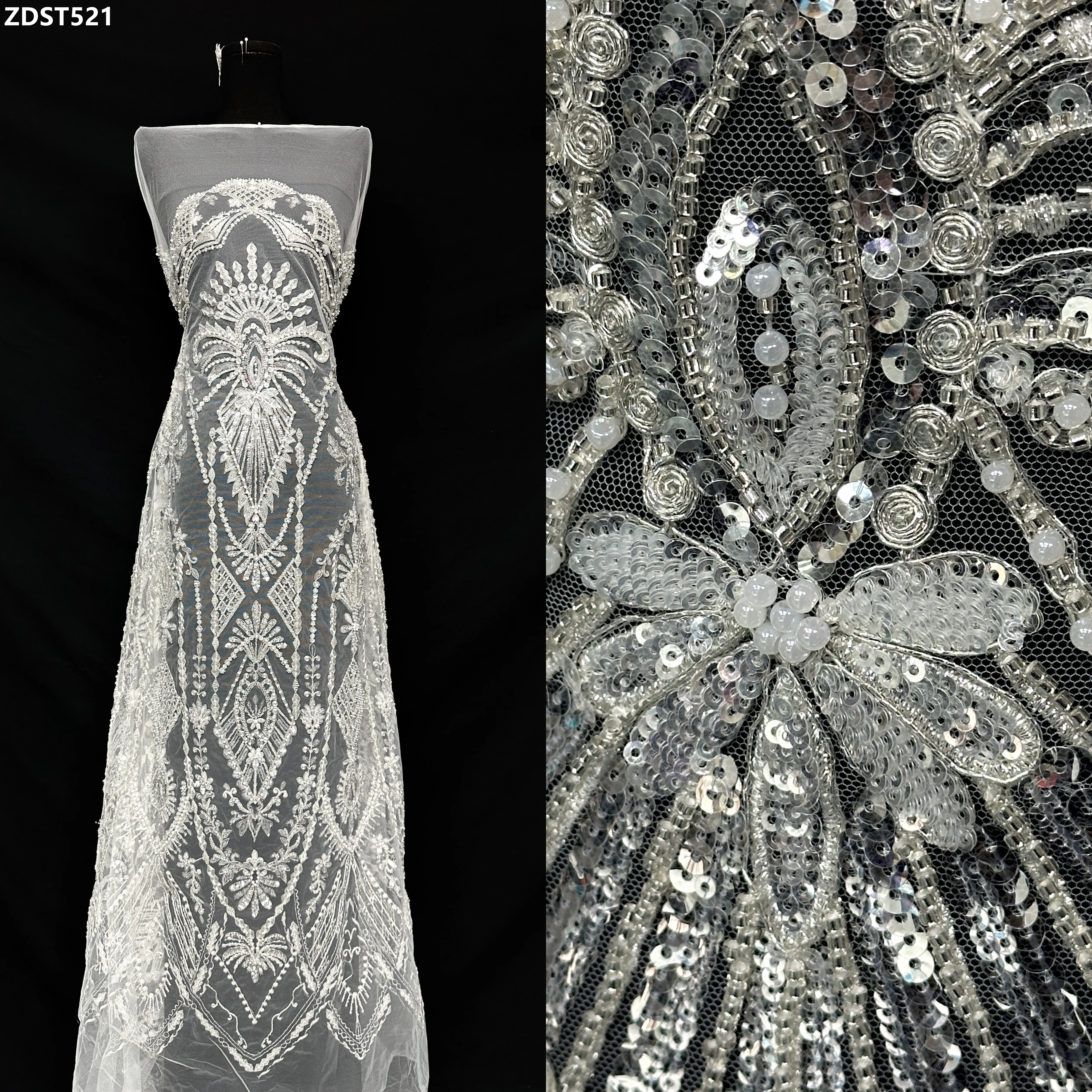 2026 New Design European Wedding Dress Florals African Sequins Lace Fabric Beaded Embroidered with Nigerian Sequins Tulle Lace