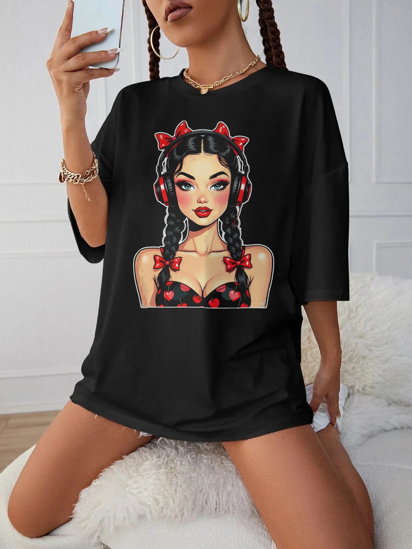 

Женская летняя футболка Cherry-Beats-Girl-Retro, черная свободная одежда для беременных с круглым вырезом для поздней беременности