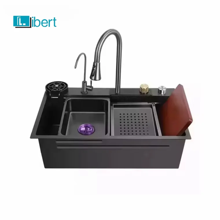 Waterfall Single Bowl Kitchen Sink Machine-Made Faucet Nano Stainless Steel 304 Black Modern Multifunction Countertop