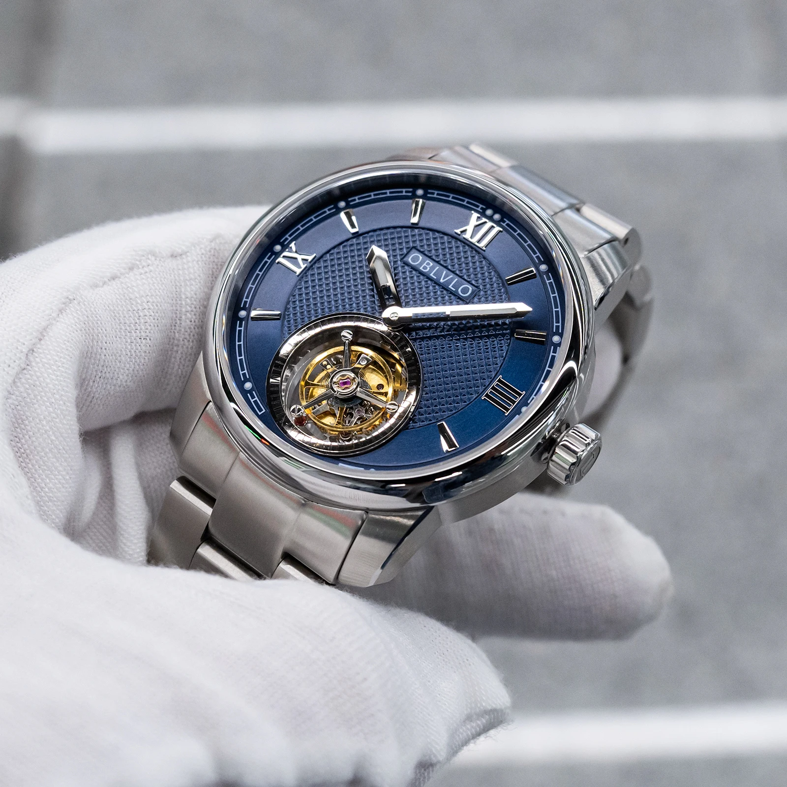 

Мужские часы OBLVLO Top Brand с турбийоном, автоматическим механизмом, из нержавеющей стали 316L, водонепроницаемые до 50 м, с браслетом, модель JM-TB