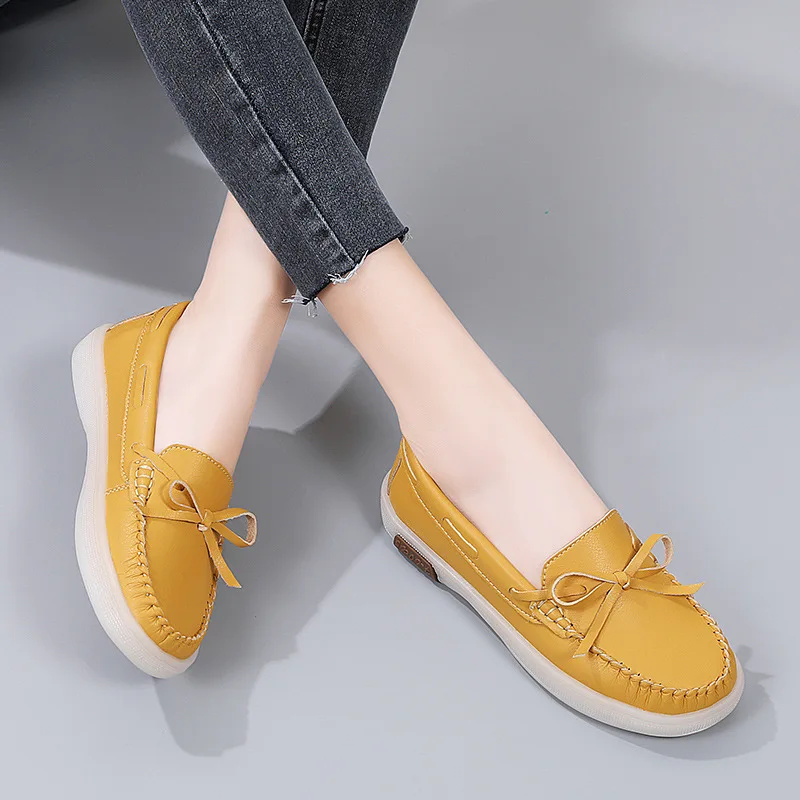 Spring and Autumn Cowhide Shoes Women's One-pedal Bow Flat Shoes Korean Loafers Leisure Lazy Bean Shoes Sneakers Women