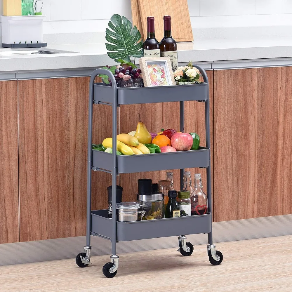 3 Tier Rolling Cart, Metal Utility Cart No Screw, Easy Assemble Utility Serving Cart, Sturdy Storage Trolley with Handles