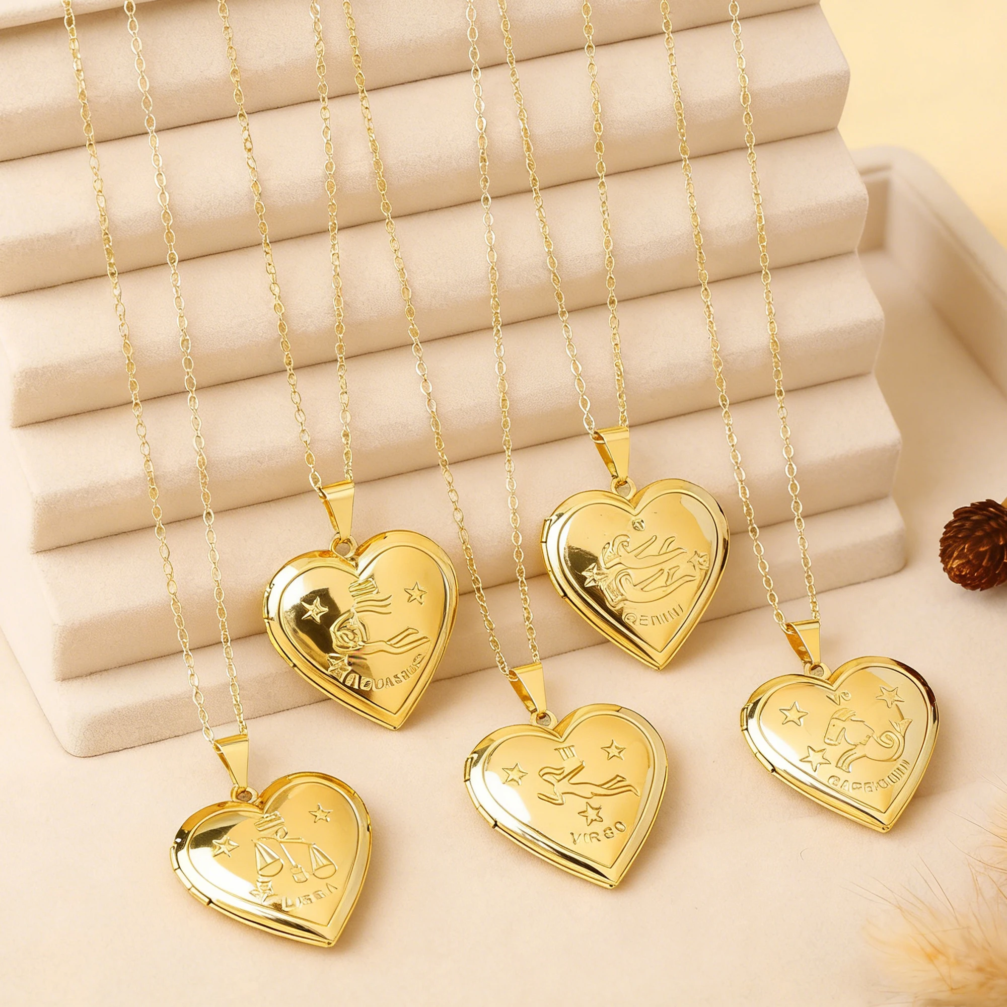 12 Zodiac Signs  Openable Photo Frame Heart Locket Necklace for Women Gold Plated Astrology Horoscope Photo Pendant Jewelry Gift