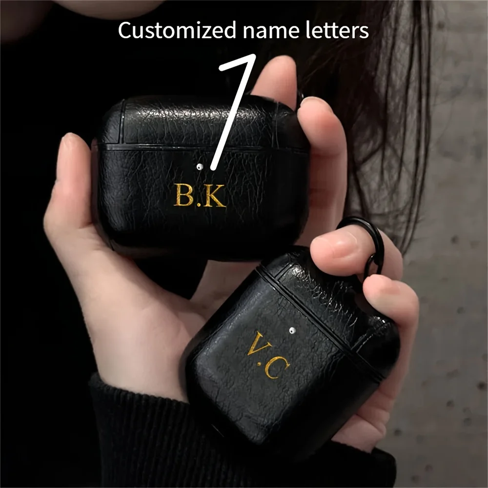 Luxury Personalized Name Letter Customization Leather Earphone Case For Airpods 1 2 3 Pro 2 Cover With Keychain Headphone Cover