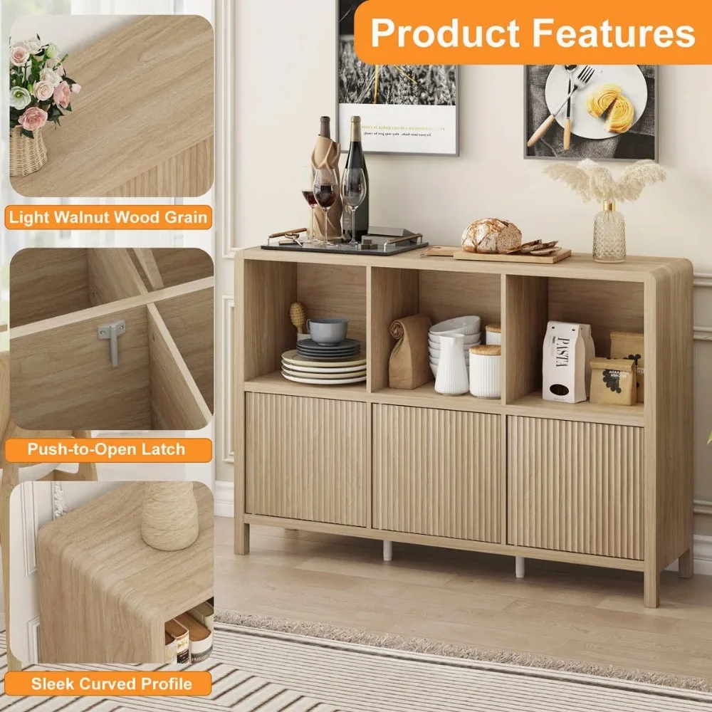 رف كتب خشبي أفقي حديث مع 3 أبواب، خزانة كتب حجيرة للتخزين للمكتب المنزلي، لون فاتح